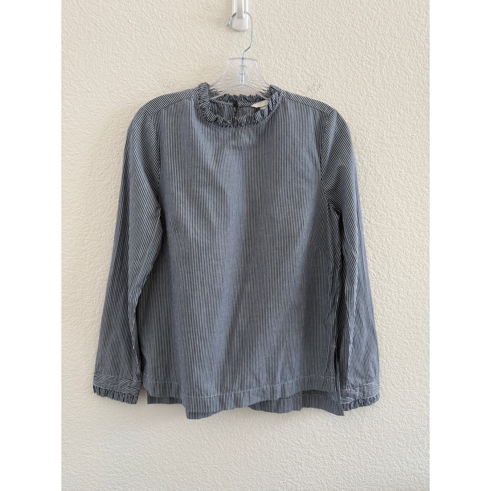 H&M Navy Blue White Striped Ruffle Neck 100% Cotton Long Sleeve Blouse Top